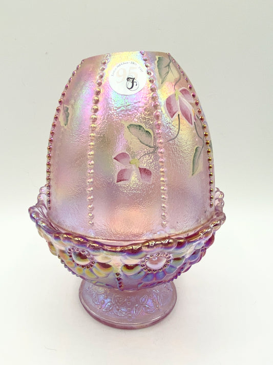 Fenton Pink Iridescent Hand Painted Fairy Lamp Beaded with Daisies Large A133