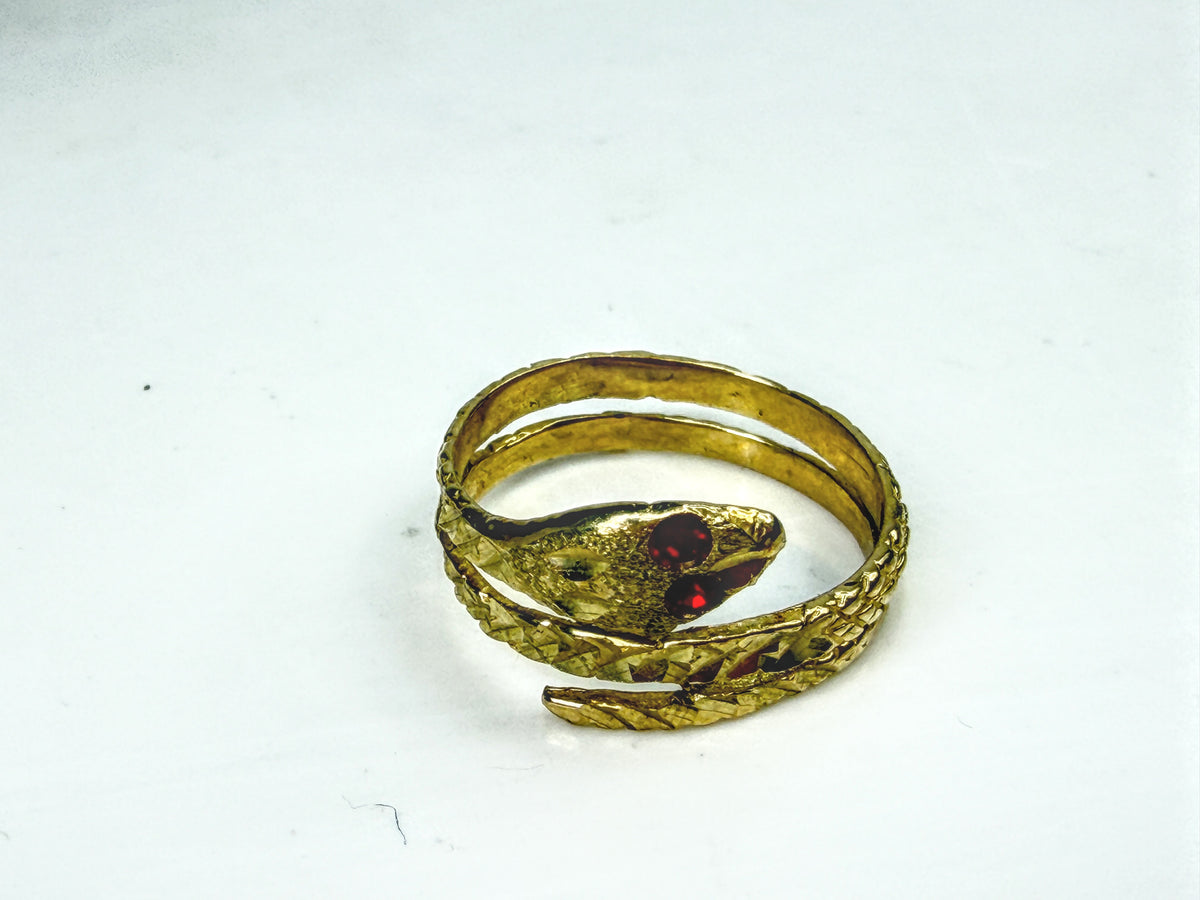 Antique 10K Gold Double Coil Snake Ring Ruby Eyes Size 7 2.5g JR2064