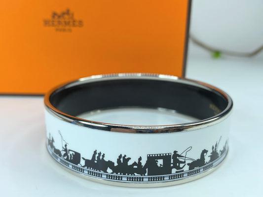 Hermes Enamel Bangle Bracelet Wide 65 GM Horse Carriage Black/white 2007 GS562