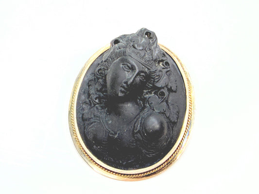 Antique 19th Century Lava Cameo Brooch 10K Gold Frame JR1340