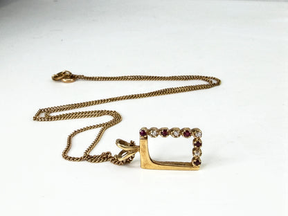 Vintage 14K Gold Ruby Diamond Open Rectangle Pendant Necklace 3.5g; 15.5" JR2068