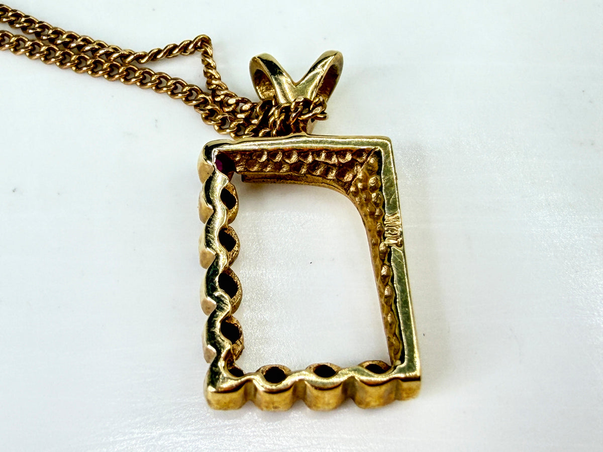 Vintage 14K Gold Ruby Diamond Open Rectangle Pendant Necklace 3.5g; 15.5" JR2068