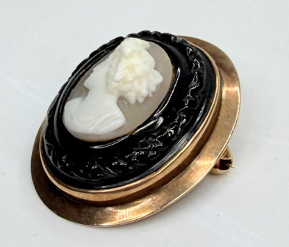 Antique 10K Gold Hand Carved Shell Cameo Brooch Pendant 1900 JR1341
