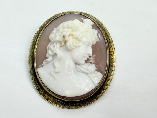 Antique 14K Gold Hand Carved Shell Cameo Brooch Pendant 19th C JR1342