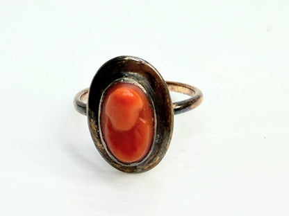 Antique 14K yellow gold Salmon Coral Cameo Ring Petite Size 3.75 JR1343