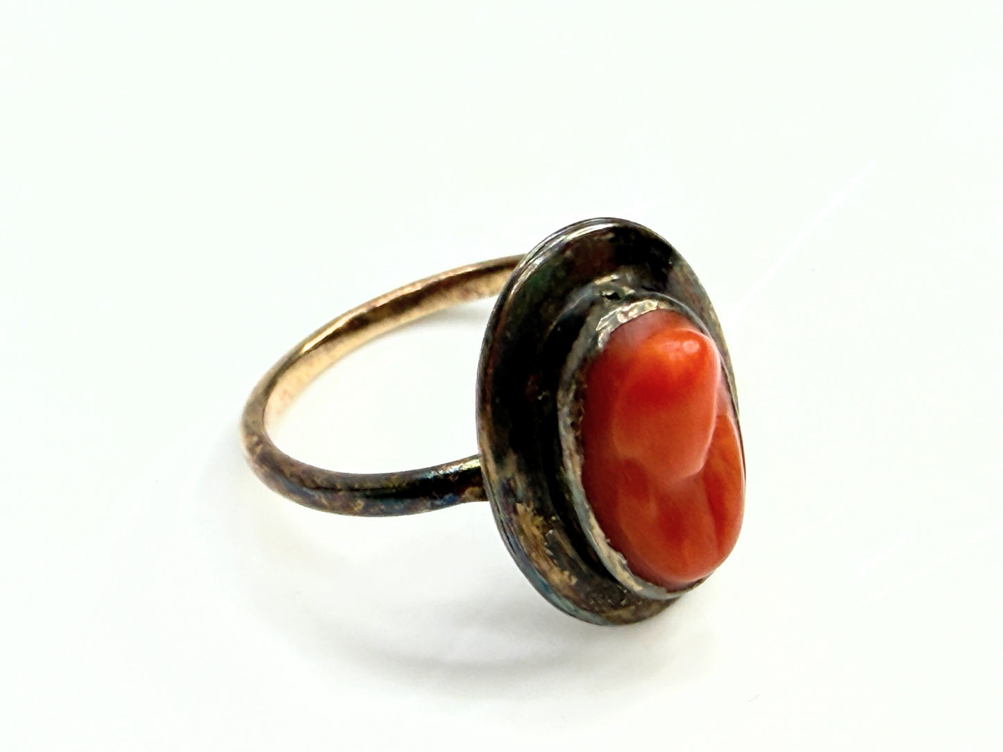 Antique 14K yellow gold Salmon Coral Cameo Ring Petite Size 3.75 JR1343