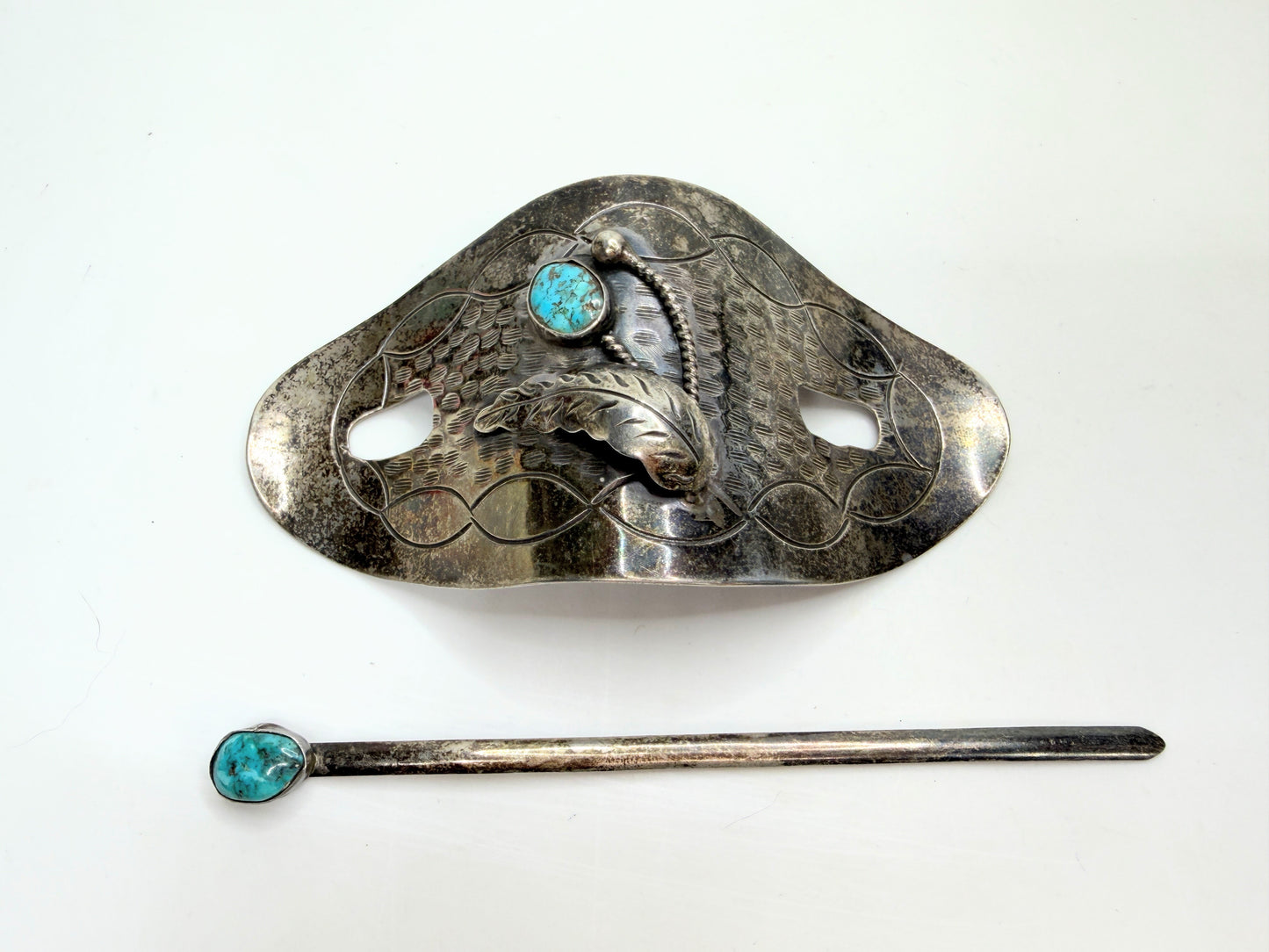 Navajo David F. Garciahand made Sterling Turquoise Hair Barrette 53.2g SS202
