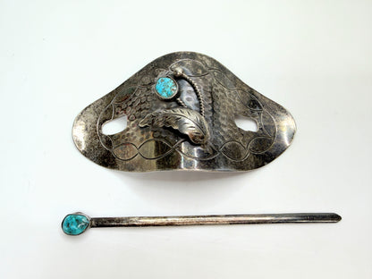 Navajo David F. Garciahand made Sterling Turquoise Hair Barrette 53.2g SS202