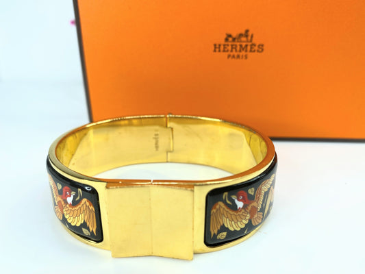 Hermes  Enamel Printed Clic Clac Wide song bird Bracelet GM w/box 6.75" GS567