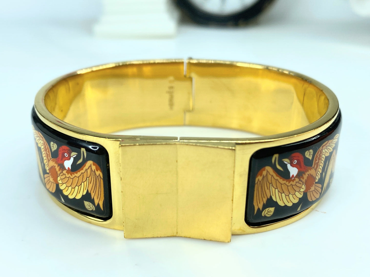 Hermes  Enamel Printed Clic Clac Wide song bird Bracelet GM w/box 6.75" GS567