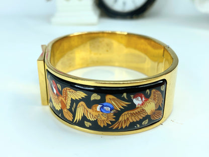 Hermes  Enamel Printed Clic Clac Wide song bird Bracelet GM w/box 6.75" GS567