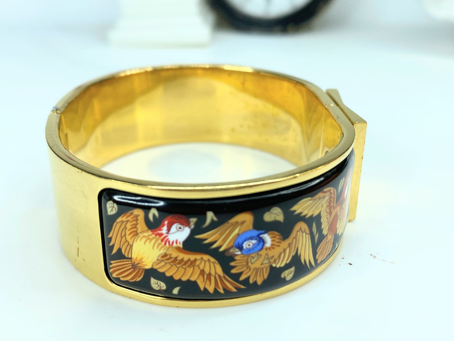 Hermes  Enamel Printed Clic Clac Wide song bird Bracelet GM w/box 6.75" GS567