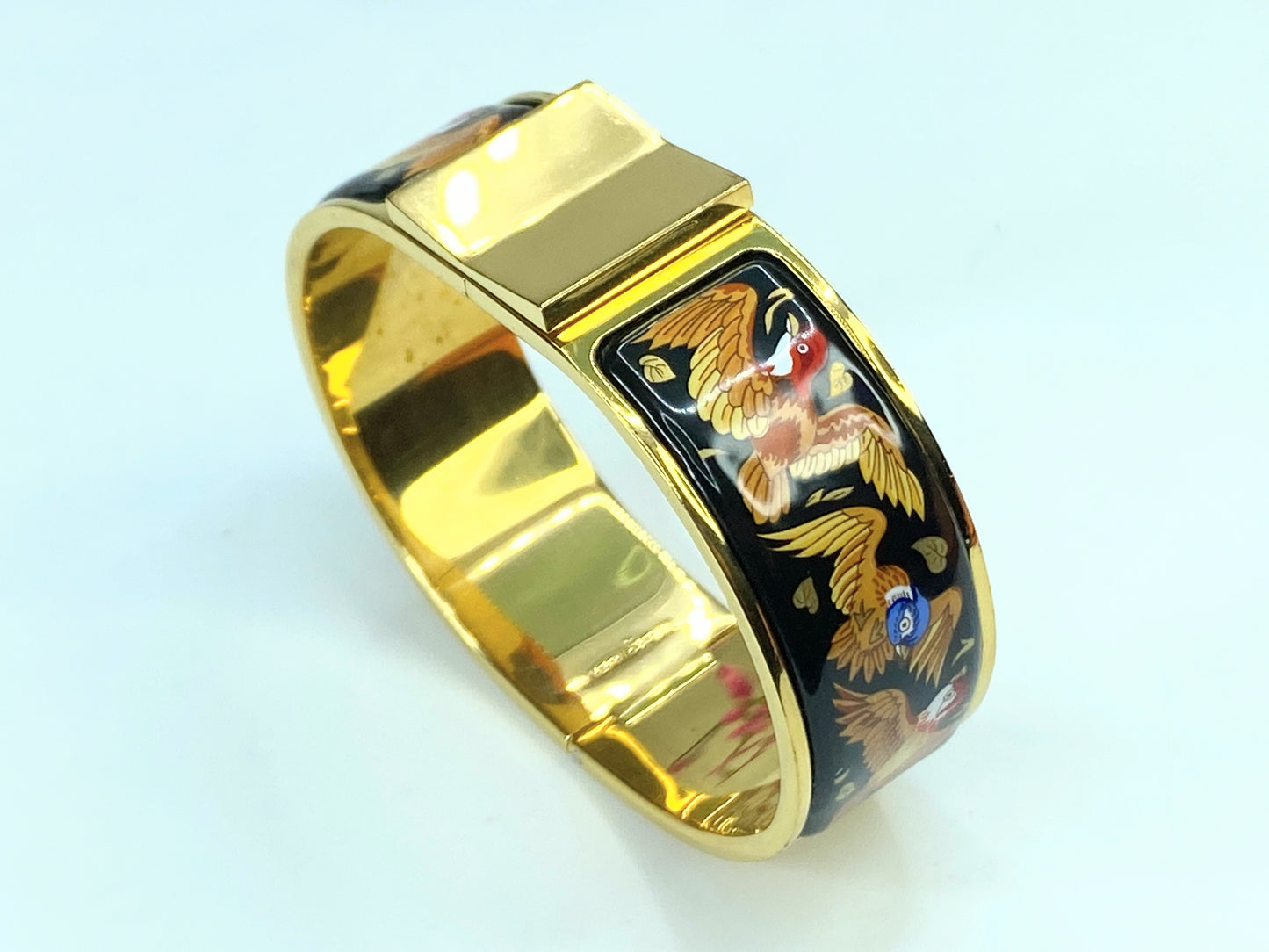 Hermes  Enamel Printed Clic Clac Wide song bird Bracelet GM w/box 6.75" GS567