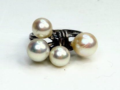 Art Deco Mikimoto Four Pearl Cluster Ring Silver Size 5.75 JR1349