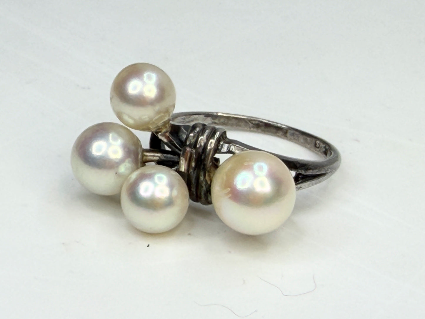 Art Deco Mikimoto Four Pearl Cluster Ring Silver Size 5.75 JR1349