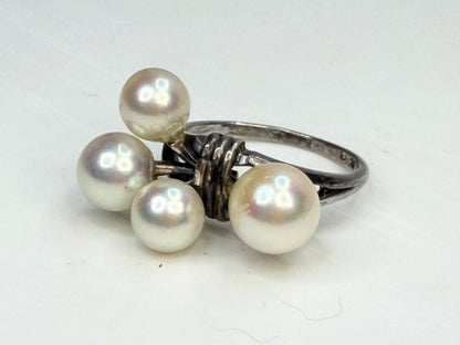 Art Deco Mikimoto Four Pearl Cluster Ring Silver Size 5.75 JR1349
