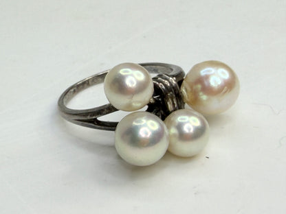 Art Deco Mikimoto Four Pearl Cluster Ring Silver Size 5.75 JR1349