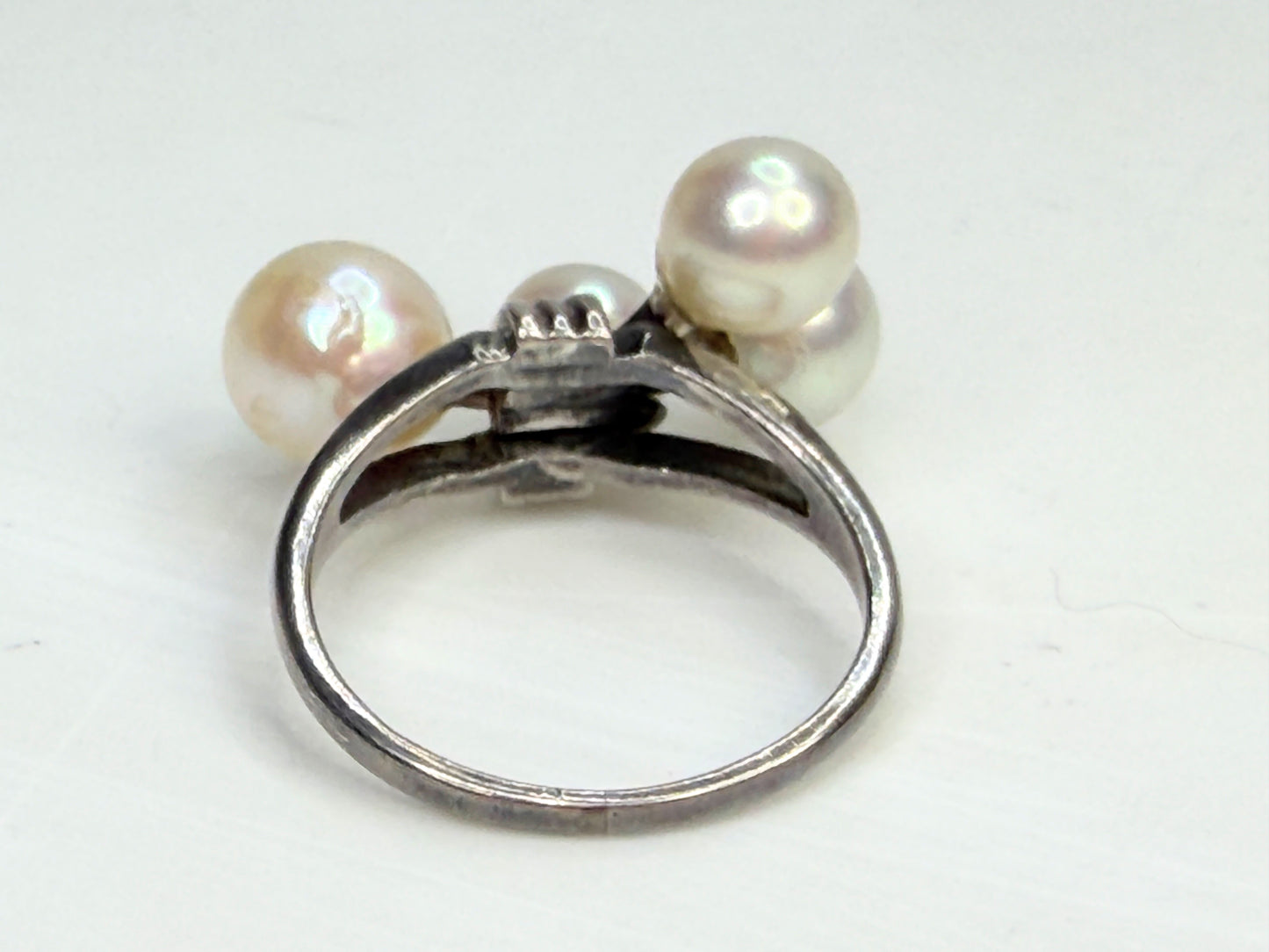 Art Deco Mikimoto Four Pearl Cluster Ring Silver Size 5.75 JR1349