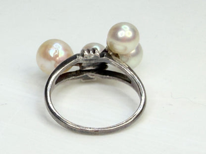 Art Deco Mikimoto Four Pearl Cluster Ring Silver Size 5.75 JR1349