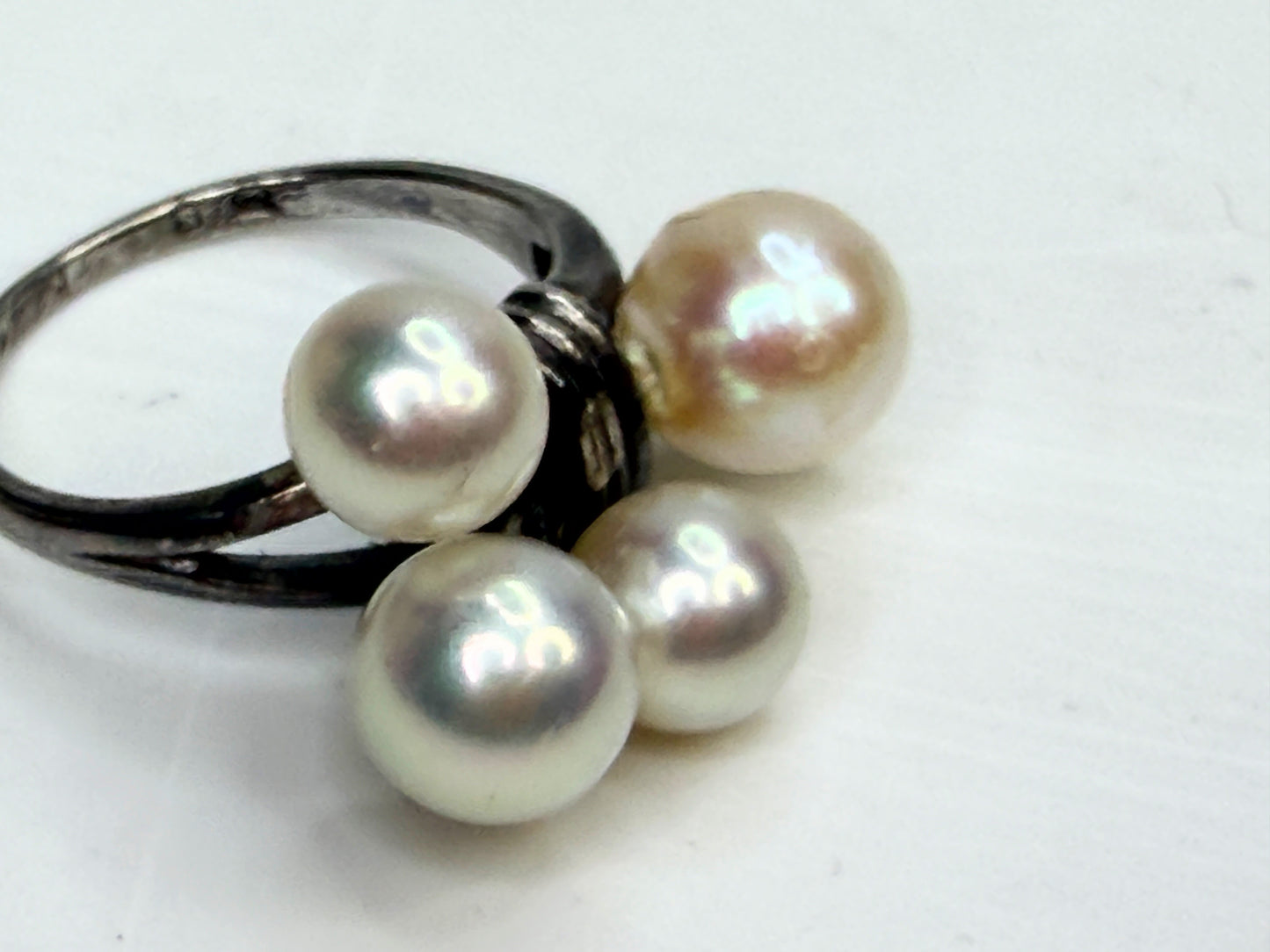 Art Deco Mikimoto Four Pearl Cluster Ring Silver Size 5.75 JR1349