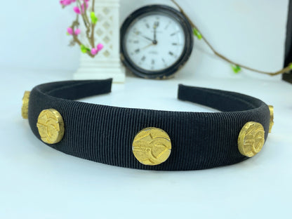 AUTH Salvatore Ferragamo Vara Bow canvas gold tone Headband GS574