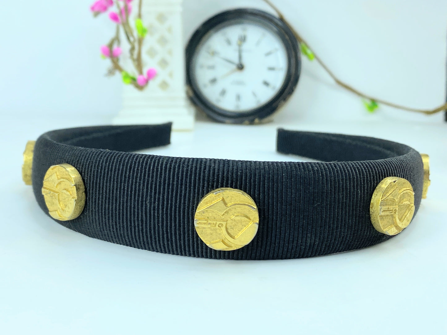 AUTH Salvatore Ferragamo Vara Bow canvas gold tone Headband GS574