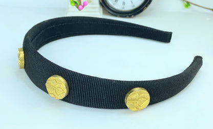 AUTH Salvatore Ferragamo Vara Bow canvas gold tone Headband GS574