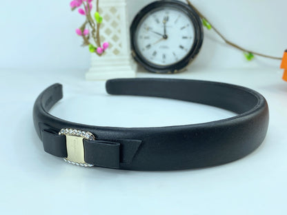 Salvatore Ferragamo Black Vara Bow Embellished Leather Silver headband GS580
