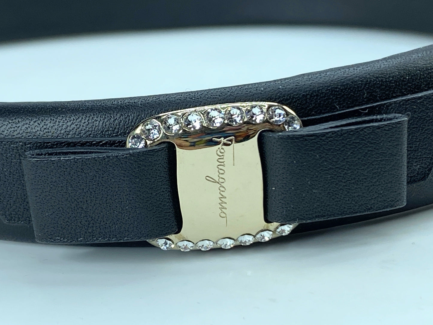 Salvatore Ferragamo Black Vara Bow Embellished Leather Silver headband GS580