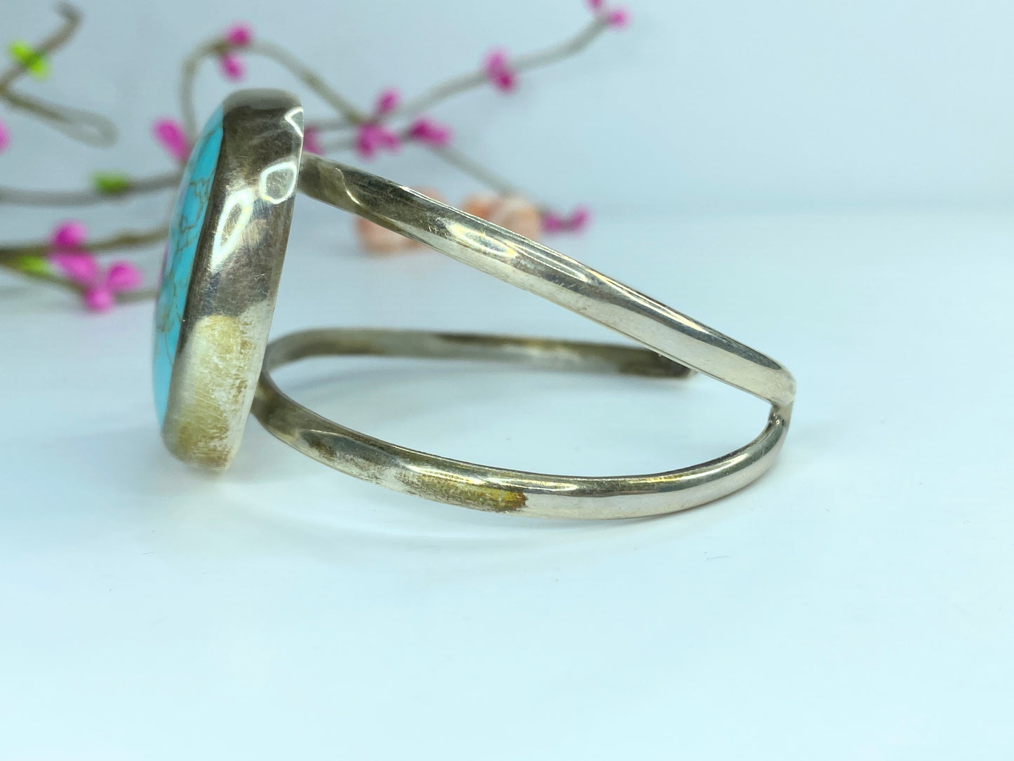 Sterling Silver 925 Turquoise carbonate Texaco Artisan cuff bangle 43g 7" JR800