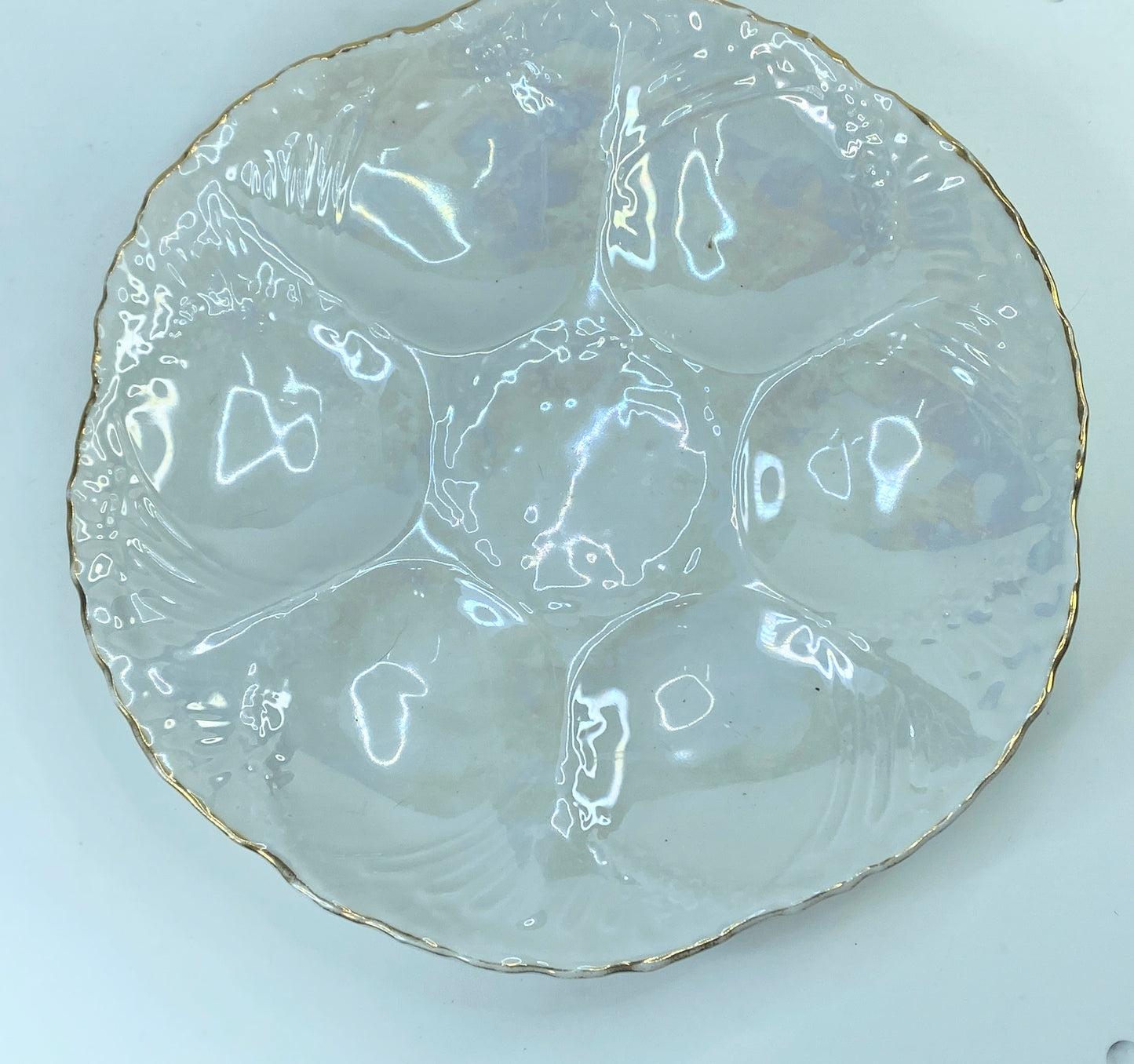 Gien France c1950 embossed glazed earthenware six wells Oyster plate 9.5" A334