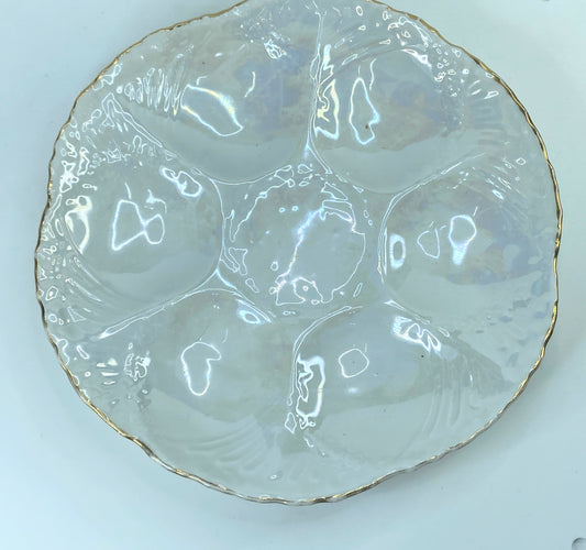 Gien France c1950 embossed glazed earthenware six wells Oyster plate 9.5" A334