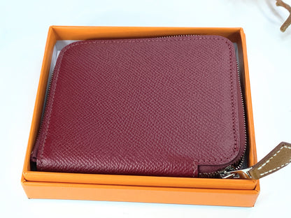 HERMES Veau Epson Rouge H Azap Compact Silk-In Mini Coin Purse Unused GS69