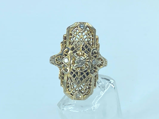 Art Deco Filigree ring w/ 0.17ct Old European cut Diamond in 14k gold