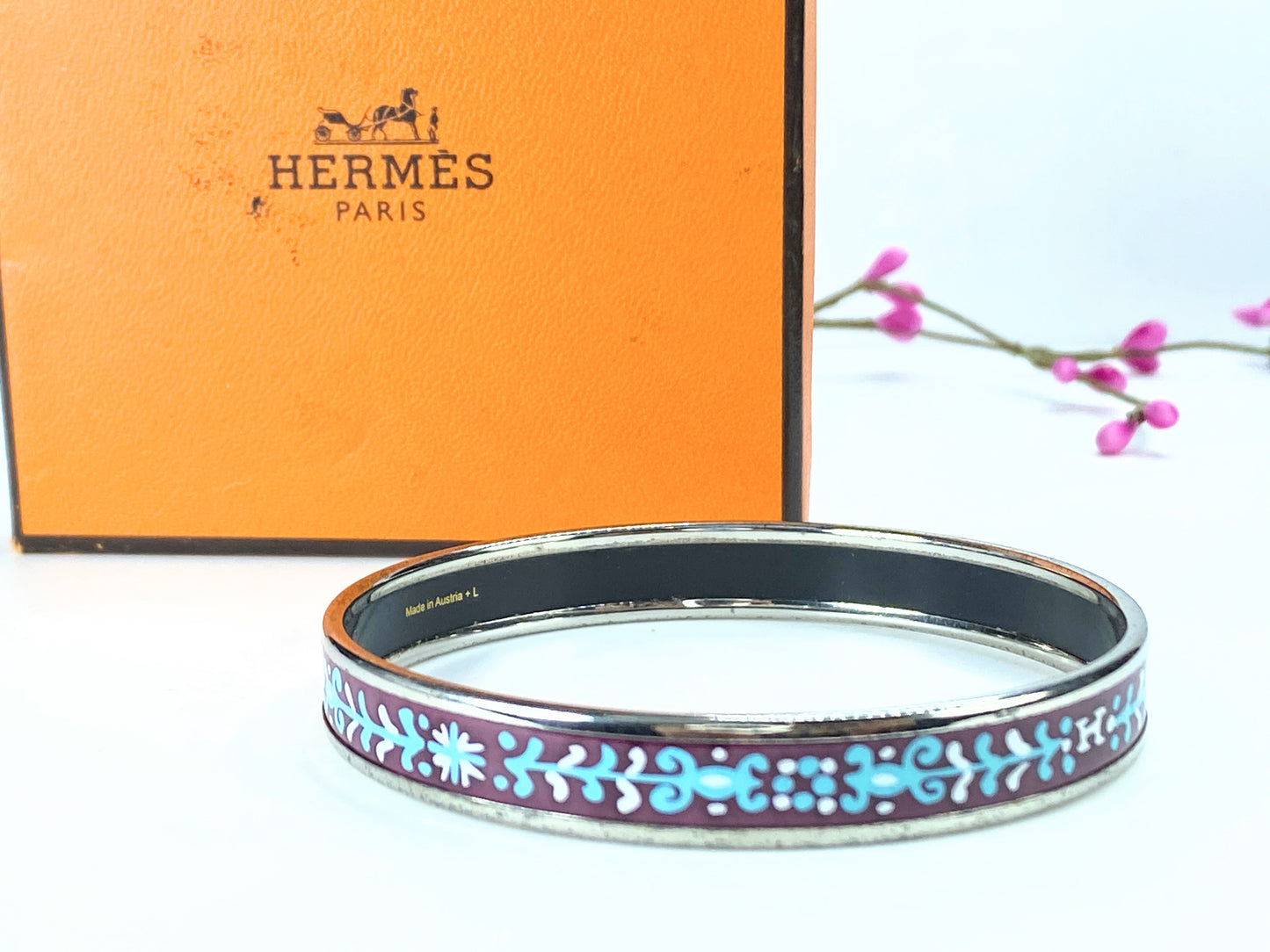 Hermes Paris Enamel & Silver Plated Monogram Skinny Bangle GS70