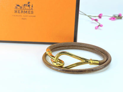 Hermes Paris Brown Leather Gold Plated Hook Wrap Bracelet w/ box GS71