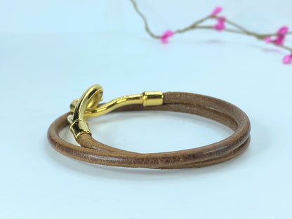 Hermes Paris Brown Leather Gold Plated Hook Wrap Bracelet w/ box GS71