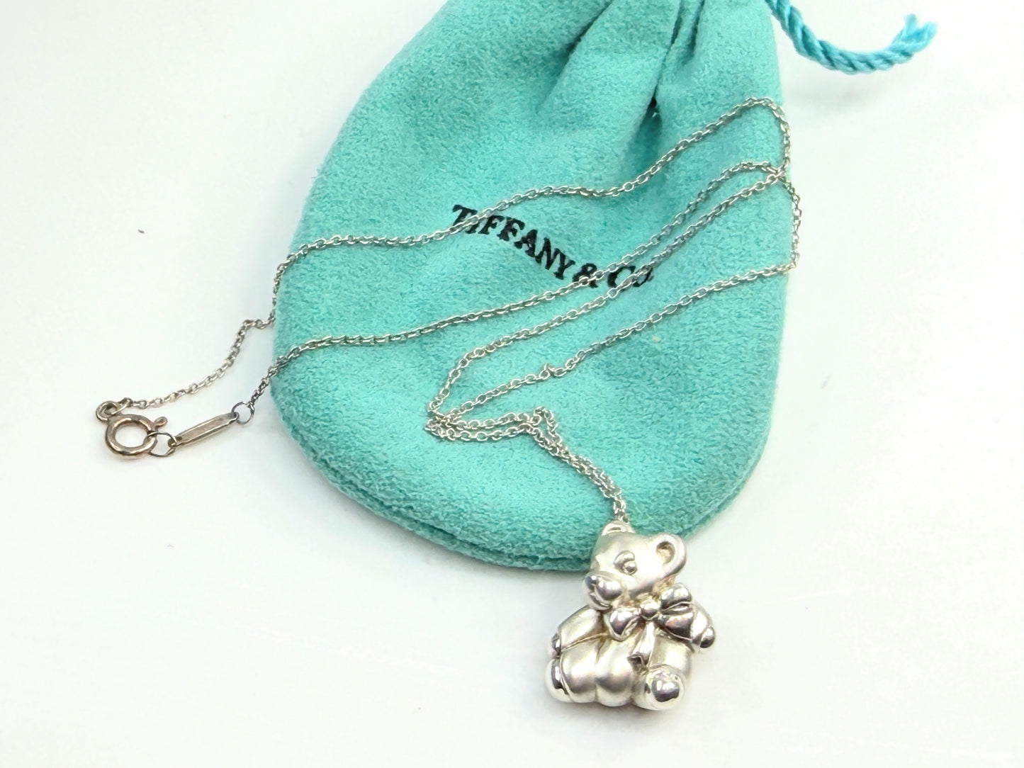 Tiffany & Co. Sterling Silver Teddy Bear with Ribbon Bow Necklace 16" JR1368