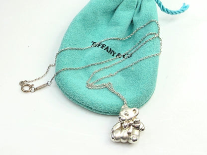 Tiffany & Co. Sterling Silver Teddy Bear with Ribbon Bow Necklace 16" JR1368