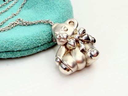 Tiffany & Co. Sterling Silver Teddy Bear with Ribbon Bow Necklace 16" JR1368