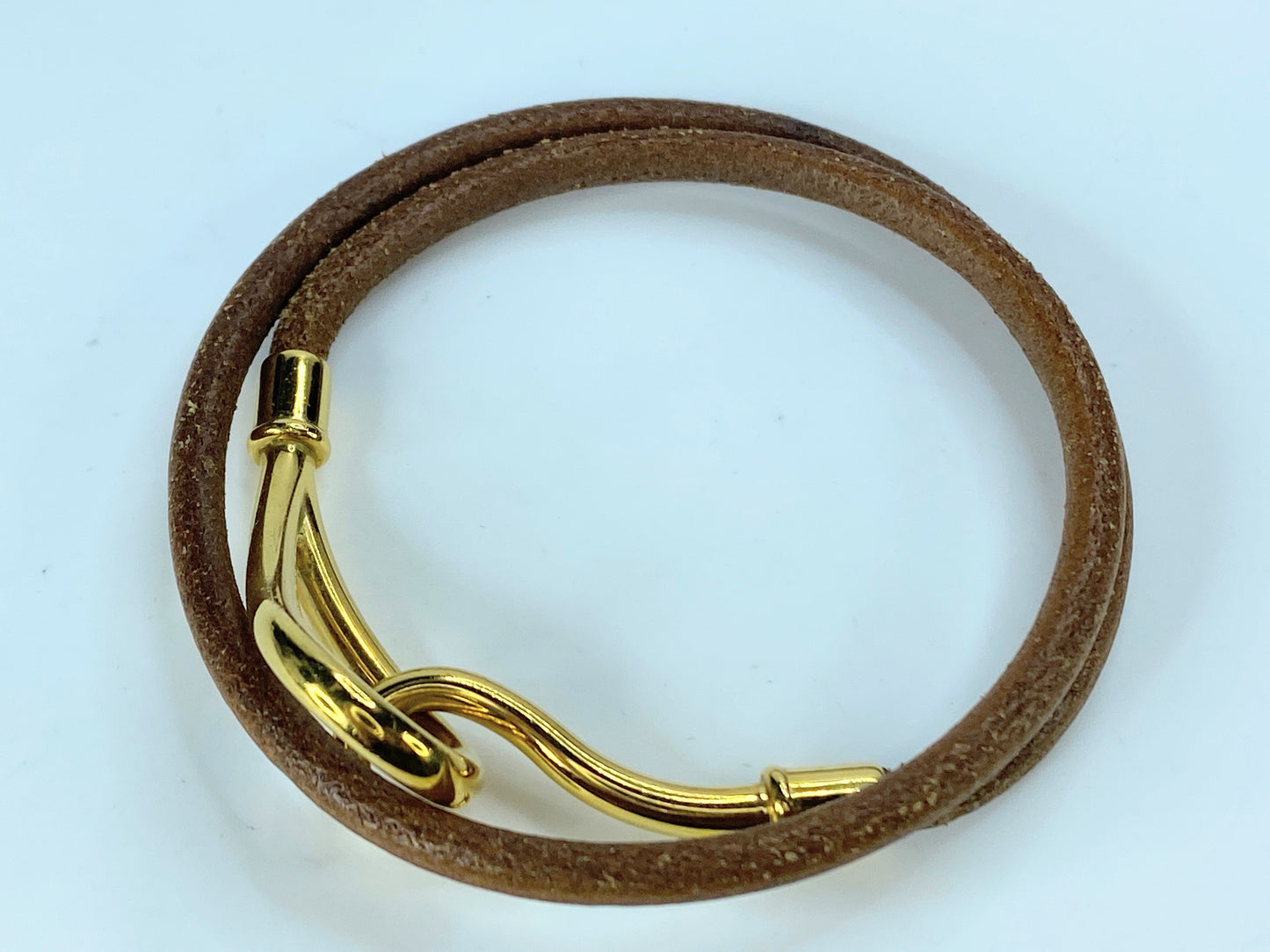 Hermes Paris Brown Leather Gold Plated Hook Wrap Bracelet w/ box GS71