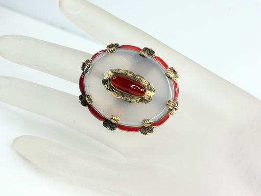 Vintage 14K Gold Orange Jade Chalcedony Enamel Statement Ring JR1379