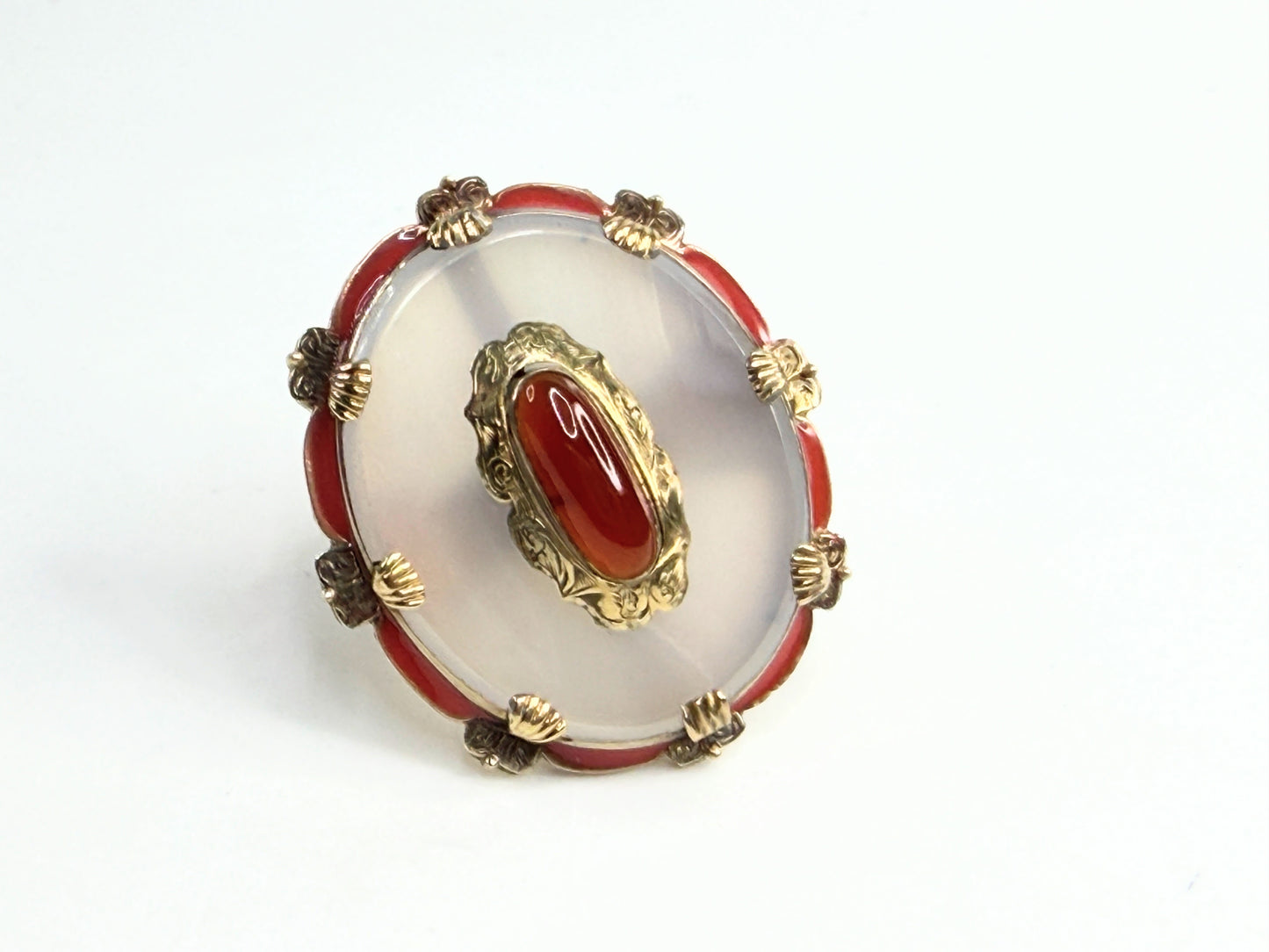 Vintage 14K Gold Orange Jade Chalcedony Enamel Statement Ring JR1379