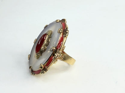 Vintage 14K Gold Orange Jade Chalcedony Enamel Statement Ring JR1379