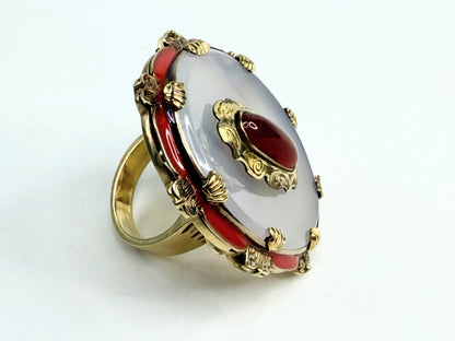 Vintage 14K Gold Orange Jade Chalcedony Enamel Statement Ring JR1379