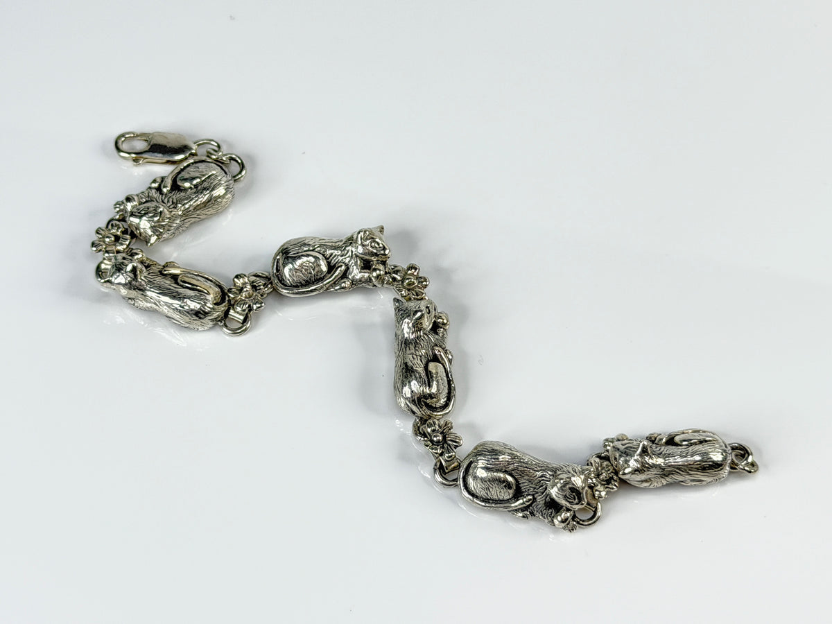 Carol Felley 1989 Sterling Silver Six Cat Floral Panel Link Bracelet 7.5 JR2151