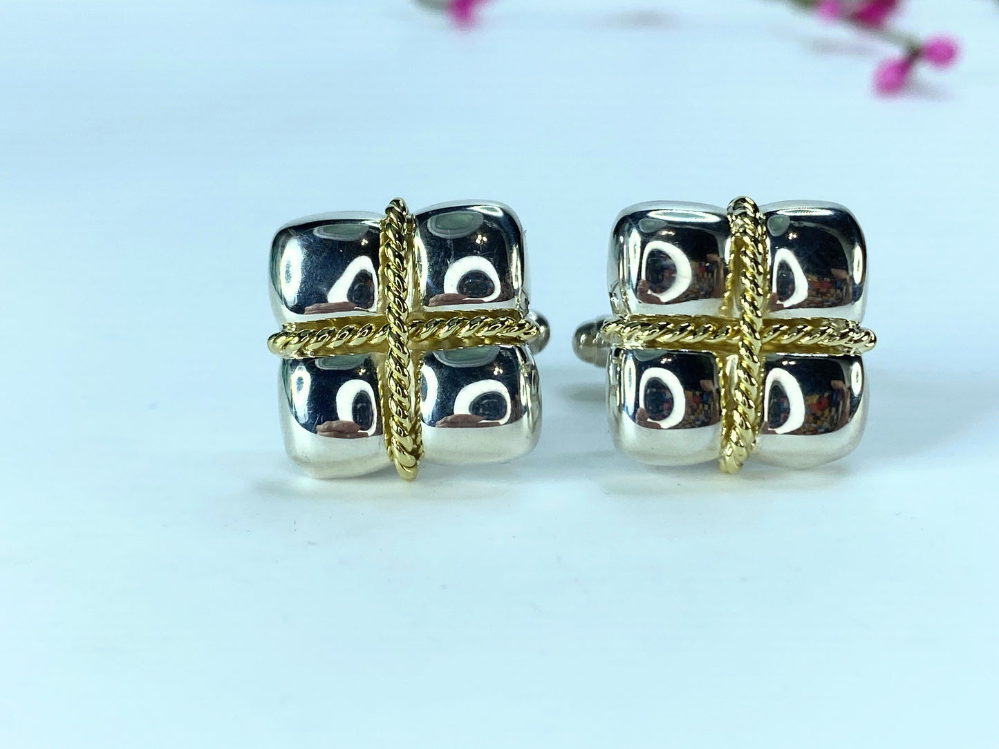 Tiffany & Co Square Cufflinks Sterling Silver 18k Yellow Gold Rope GS78