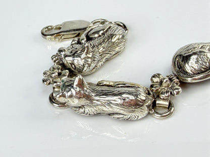 Carol Felley 1989 Sterling Silver Six Cat Floral Panel Link Bracelet 7.5 JR2151