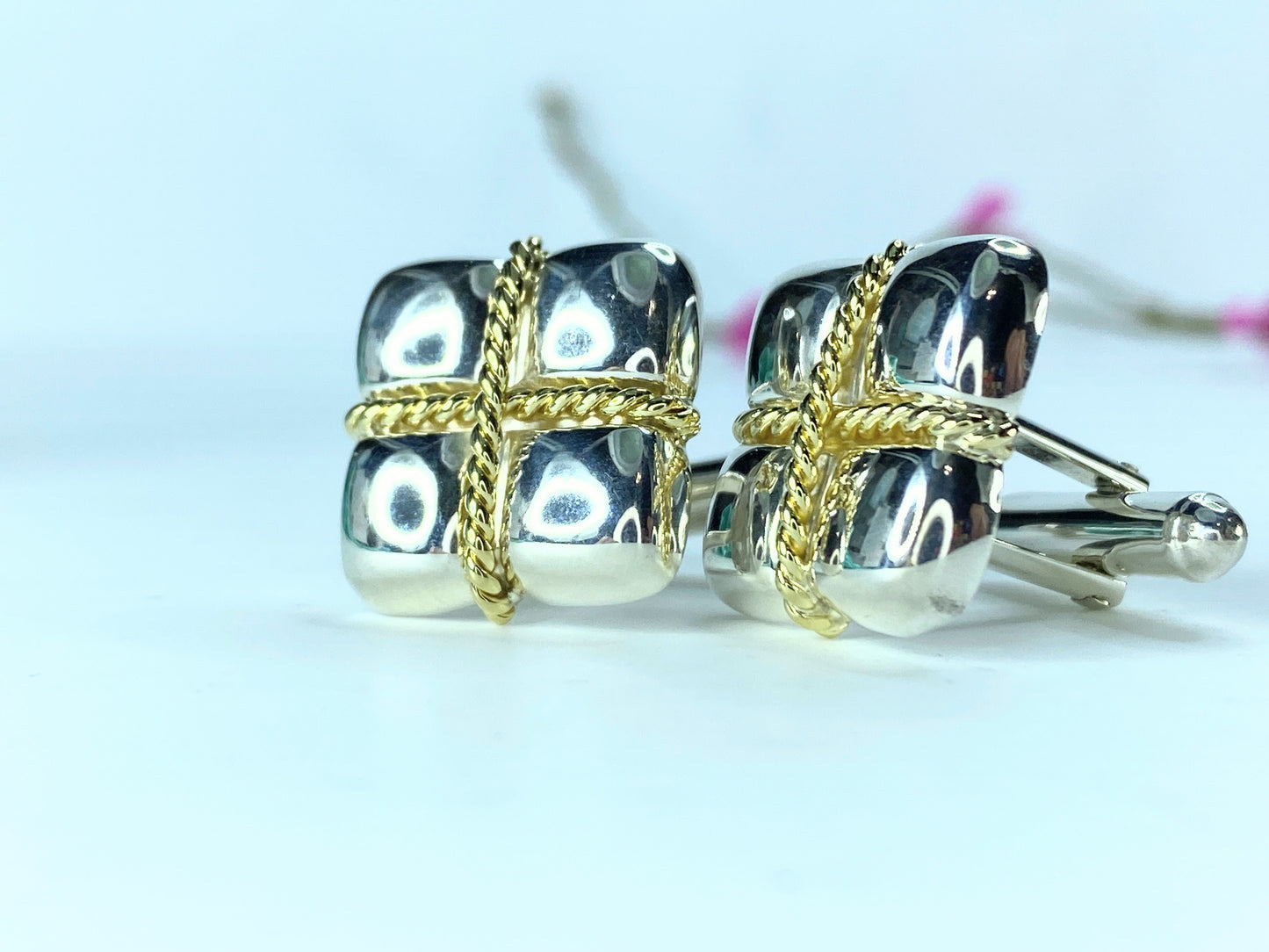 Tiffany & Co Square Cufflinks Sterling Silver 18k Yellow Gold Rope GS78