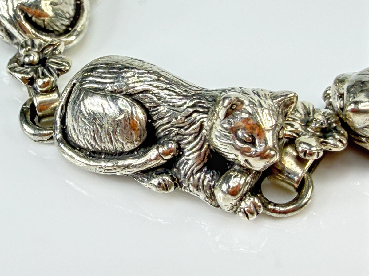 Carol Felley 1989 Sterling Silver Six Cat Floral Panel Link Bracelet 7.5 JR2151